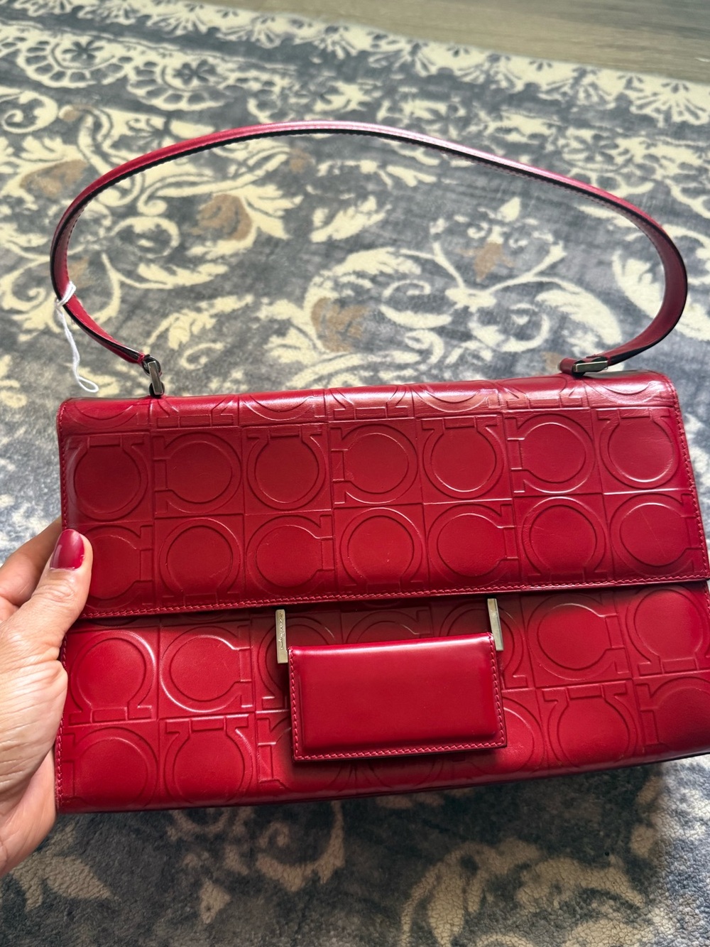 Salvatore Ferragamo Red Embossed Leather Shoulder Bag